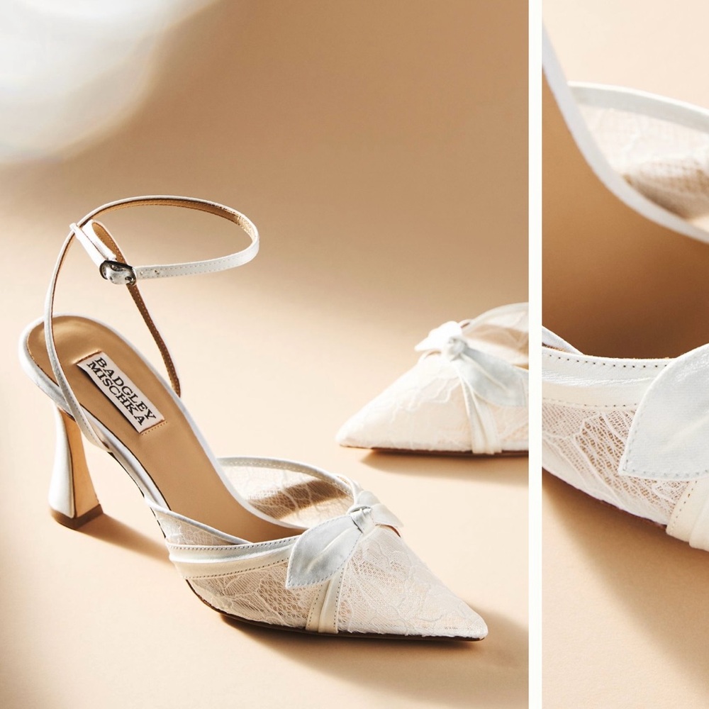 Badgley Mischka Cream Josie Satin Lace Ankle Strap Heels